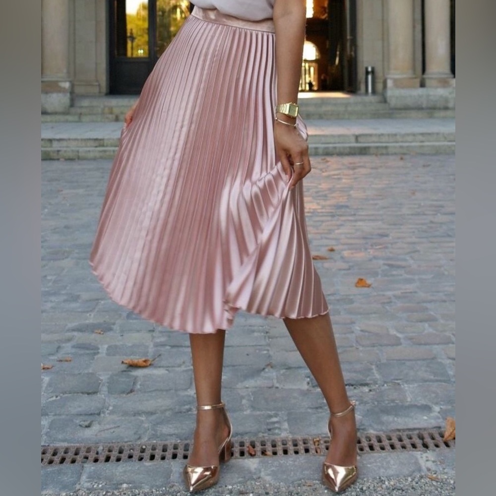 Pink Pleated Satin High Waist Midi Skirt
